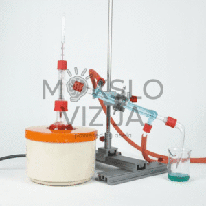 Studentų eksperimentų dėžutė chemijos distiliacijos eksperimentams su tvirta laikymo dėže ir putplasčio įdėklu, skirtu stiklinėms distiliacijos detalėms saugiai laikyti.