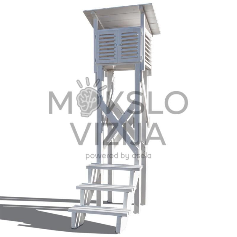 Didaktinė medinė meteorologinė stotelė, namo tipo profesionalus rinkinys su stovu, laipteliais ir inkarais