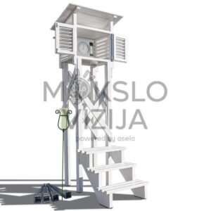 Didaktinė meteorologinė stotelė, medinė, namelio tipo, su stovu, laiptais ir inkarais