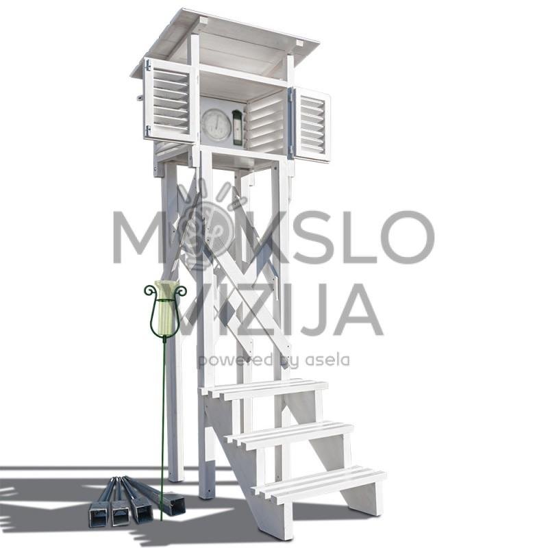 Didaktinė meteorologinė stotelė, medinė, namelio tipo, su stovu, laiptais ir inkarais