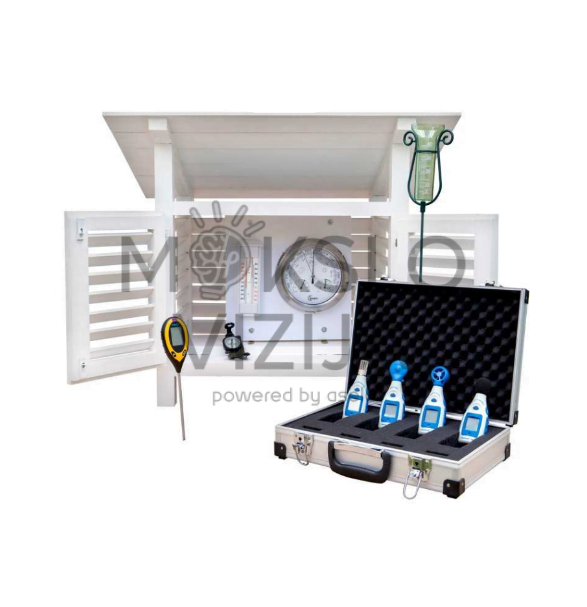 Namo tipo didaktinė medinė meteorologinė stotelė su aplinkos elementų matuokliais