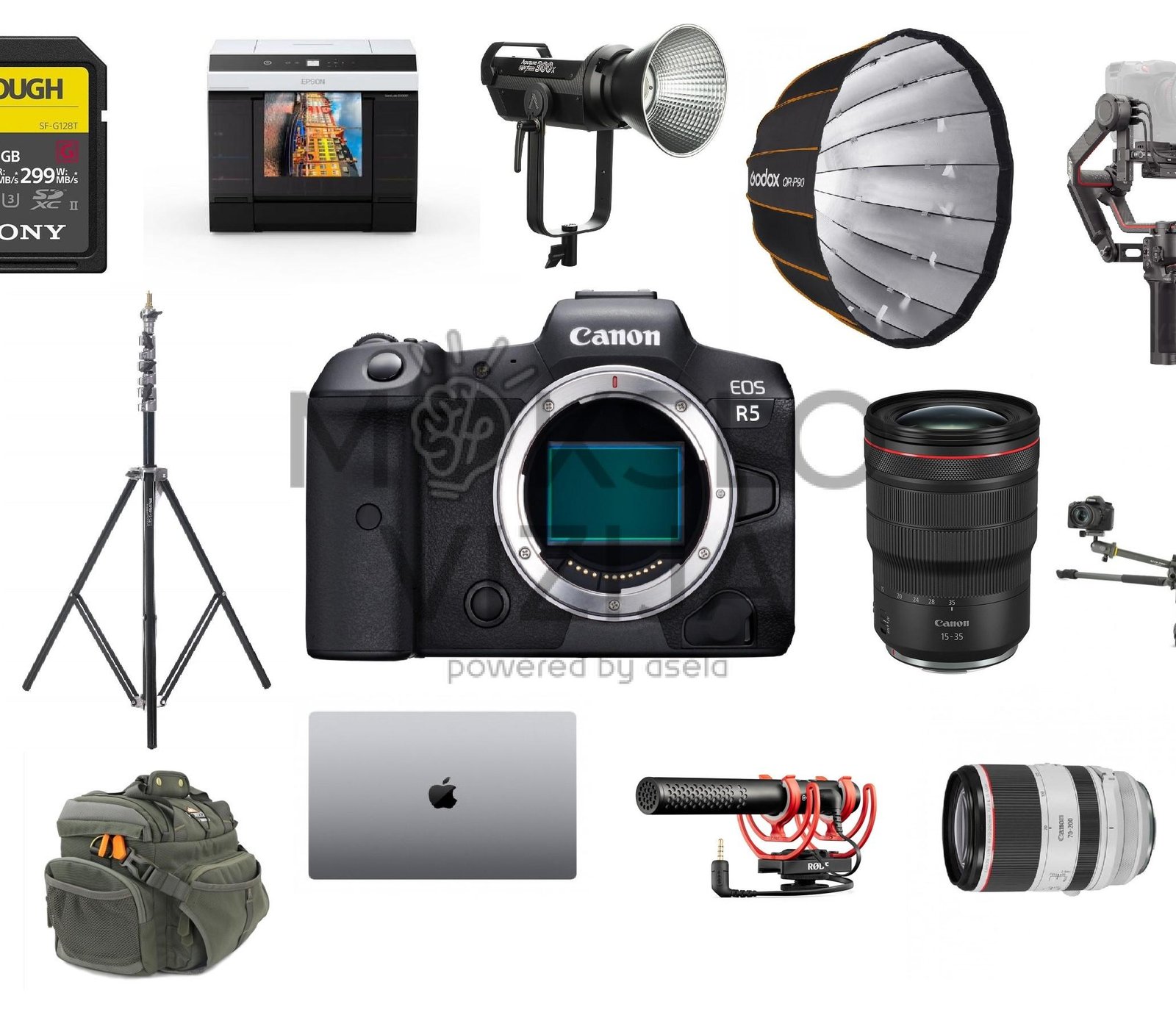 Foto studijos įrangos rinkinys su Canon fotoaparatu, objektyvais, apšvietimu, mikrofonu, trikoju ir priedais