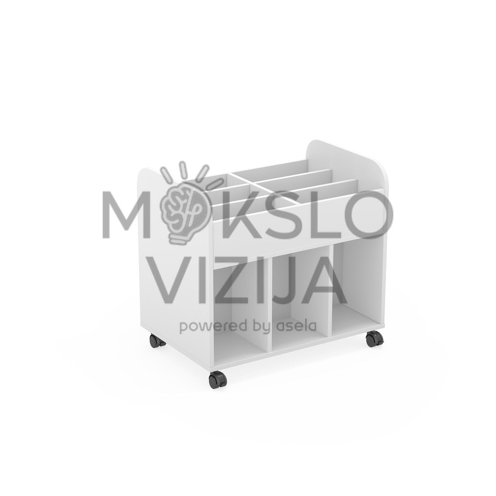 Atvira mobili spintelė su ratukais, skyreliais ir viršutinėmis pertvaromis daiktų laikymui