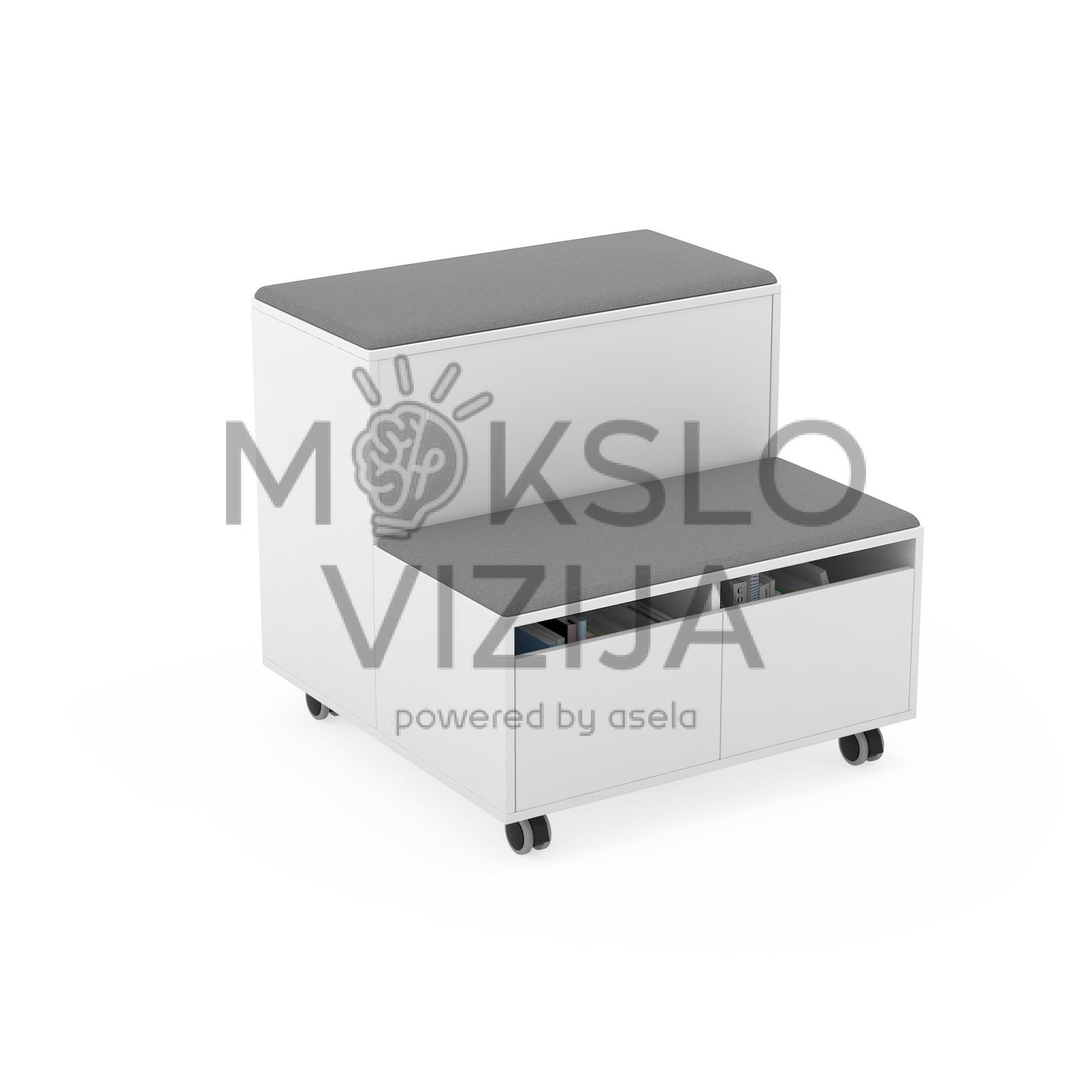 Modulinė spintelė su ratukais, atviru skyriumi ir minkštomis pilkomis sėdimomis dalimis