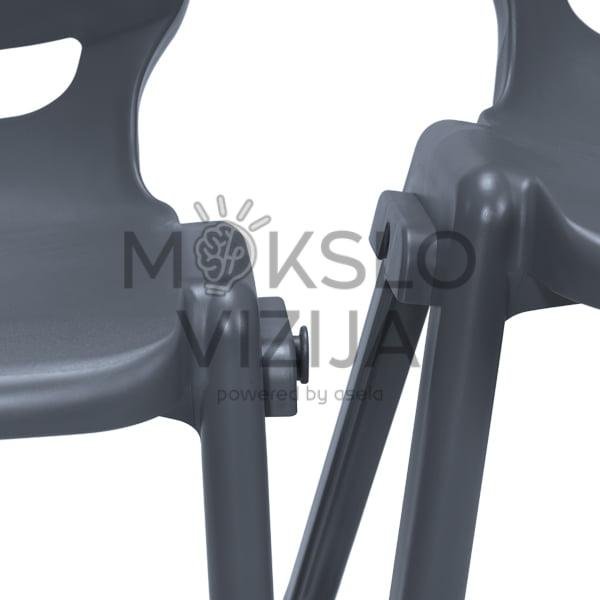 Mokyklinė kėdė su plastikine sėdyne ir atlošu bei metaliniu rėmu, sujungta konstrukcija stabilumui užtikrinti