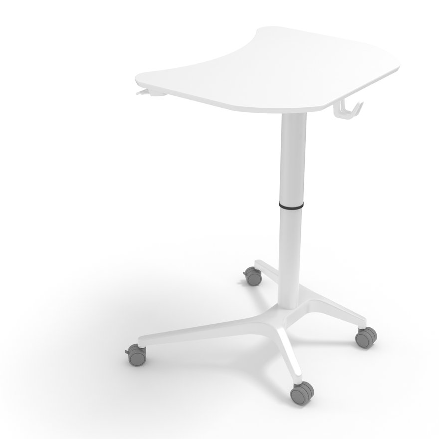 Mobilus reguliuojamo aukščio stalas su ergonomišku, lenktos formos stalviršiu ir ratukais patogiam judėjimui