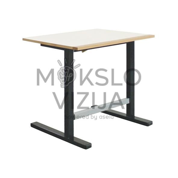 Mokyklinis stalas su stačiakampiu stalviršiu, mediniu kraštu ir tvirtu metaliniu rėmu su T formos kojomis