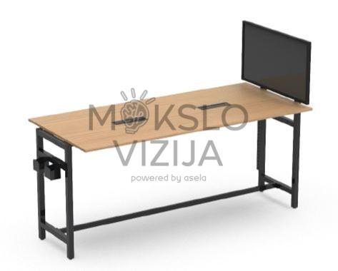 Kompiuterinis mokyklinis stalas su ilgu stalviršiu, metaliniu rėmu ir laikikliu monitoriui bei priedams