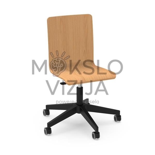 Mokyklinė kėdė su medine sėdyne, reguliuojamu aukščiu ir ratukais ant stabilios bazės