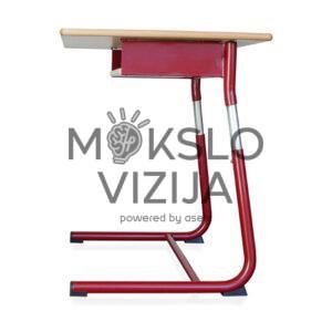 Vienvietis mokyklinis suolas su lentynėle, šviesiu stalviršiu ir raudonu metaliniu rėmu su lenktomis kojomis