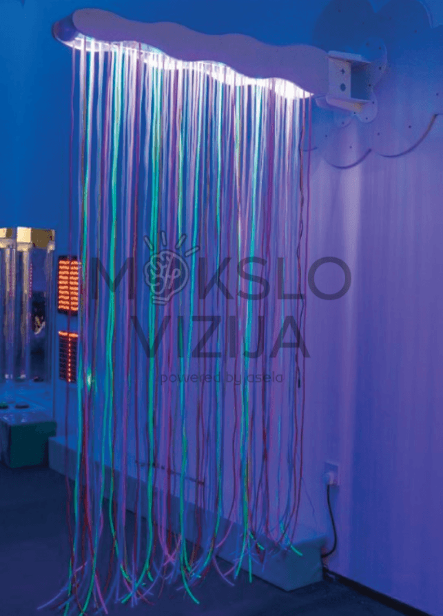 Šviesolaidinė užuolaida 150 skaidulų su interaktyviu šviesos šaltiniu, skirta sensorinei terapijai, spalvų pažinimui ir atsipalaidavimui multisensoriniame kambaryje.
