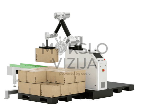 Robotizuotas palečių kroviklis su robotine ranka paletavimui