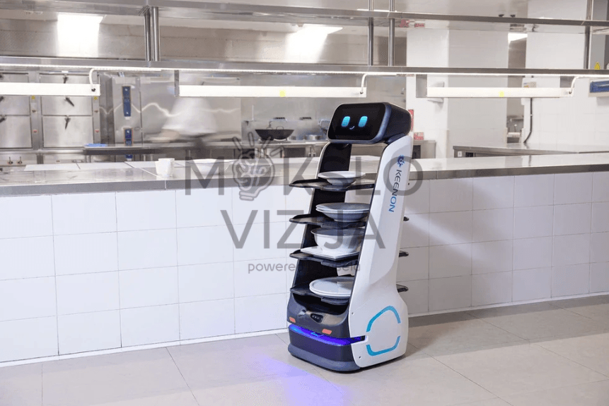 Pristatymo robotas restoranams – autonominis aptarnavimo robotas su lentynomis maisto tiekimui virtuvėje ir salėje