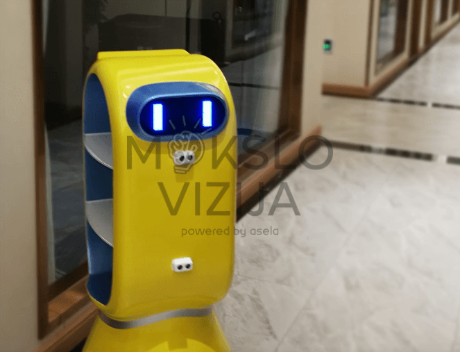 Kompaktiškas išmanus padavėjo robotas „Ben“ – autonominis aptarnavimo robotas su interaktyviu ekranu ir jutikliais, skirtas efektyviam maisto ar priemonių pristatymui mokyklose, valgyklose ar kitose vidaus erdvėse