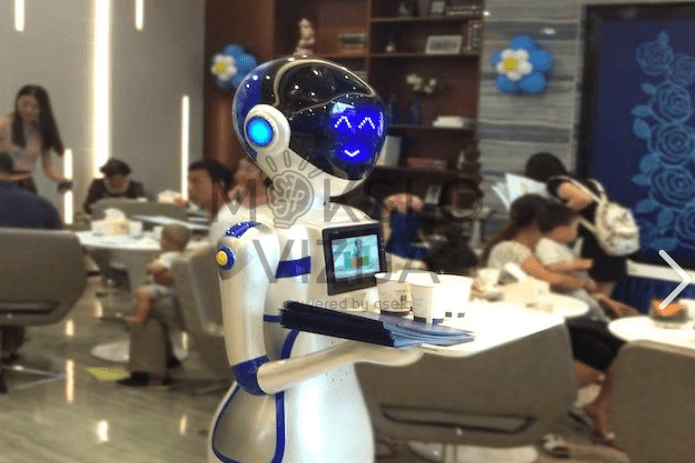 HUGO išmanus humanoidinis padavėjo robotas su padėklu restorane