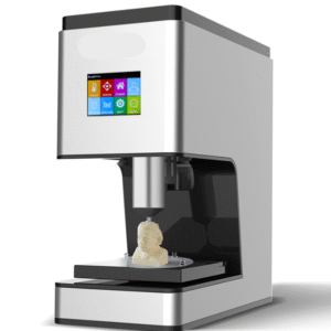 3D maisto spausdintuvo ekstruderis, dozuojantis valgomą masę spausdinimo proceso metu.