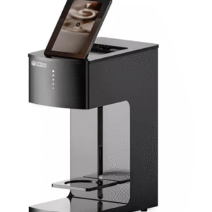 Juodos spalvos kavos dekoravimo spausdintuvas su liečiamu ekranu, naudojamas profesionalioje maitinimo aplinkoje.