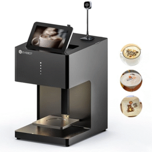 Juodos spalvos kavos spausdintuvas su ekranu ir kamera, naudojamas personalizuotų dizainų spausdinimui ant kavos putos.