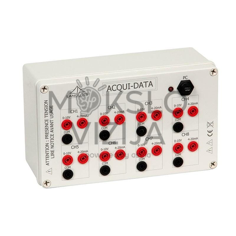 4-20 mA duomenų surinkimo blokas – juodas metalinis korpusas su tvirtinimo skylių eilėmis bei jungtimis signalo įėjimams ir maitinimui.