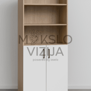 Aukšta spinta su trimis atviromis lentynomis viršuje ir baltomis durelėmis apačioje.