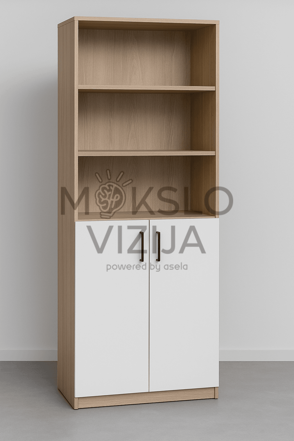 Aukšta spinta su trimis atviromis lentynomis viršuje ir baltomis durelėmis apačioje.