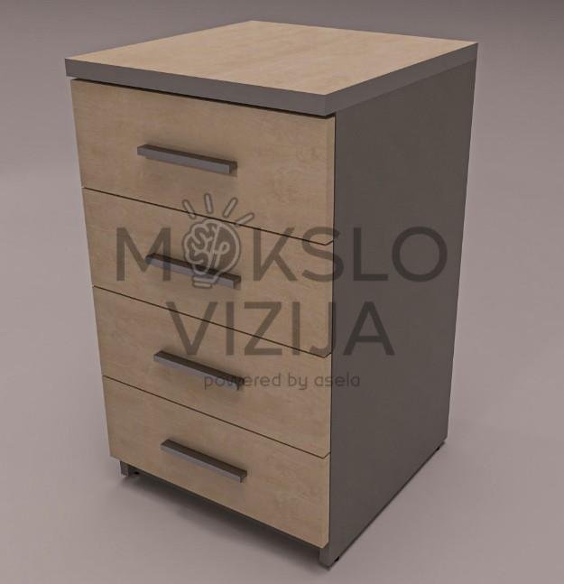 Medinė komoda su keturiais stalčiais ir metalinėmis rankenėlėmis, šviesaus medžio spalvos