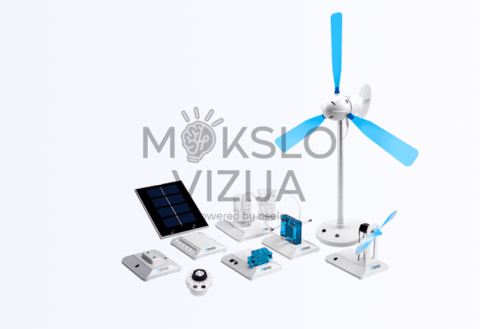 Išsamus atsinaujinančios energijos mokymo rinkinys su saulės panelės ir vėjo turbinos modeliais