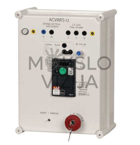 Laboratorinis AC-AC keitiklis su prijungimo gnybtais ir indikatoriais.