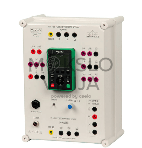 Vektoriaus greičio reguliatoriaus mokymo stendas su aiškiai pažymėtais valdikliais.