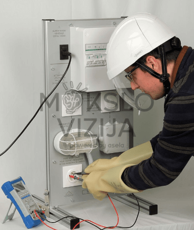 Elektros tinklo patikros sistema su elektros instaliacijos mokymo stendu