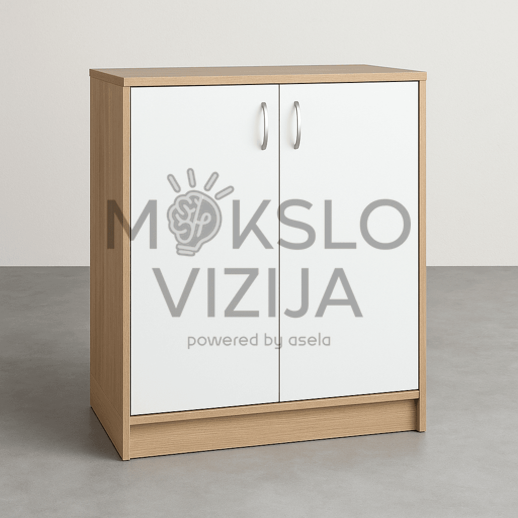 Moderni spinta su baltomis matinėmis durelėmis ir šviesaus ąžuolo korpusu, minimalistinio dizaino.