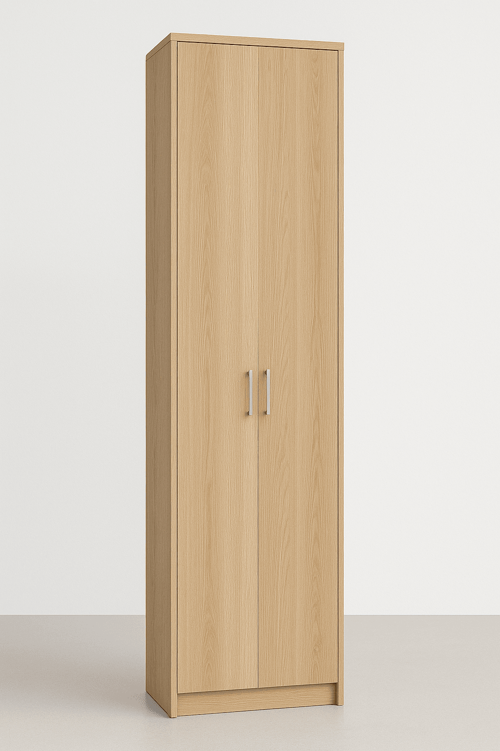 Šviesaus ąžuolo spinta su dvejomis varstomomis durimis ir keturiomis lentynomis viduje