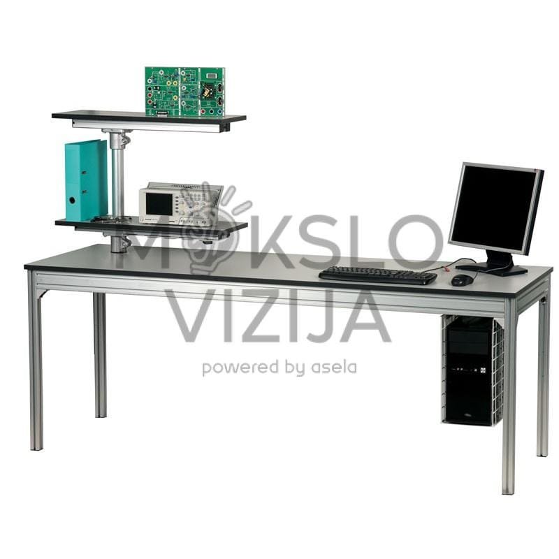 Darbastalis su rotuojamomis lentynomis, kompiuteriu ir laboratorine įranga elektronikos darbams