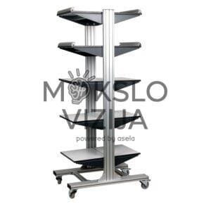 Dvipusis penkių lentynų mobilus stendas