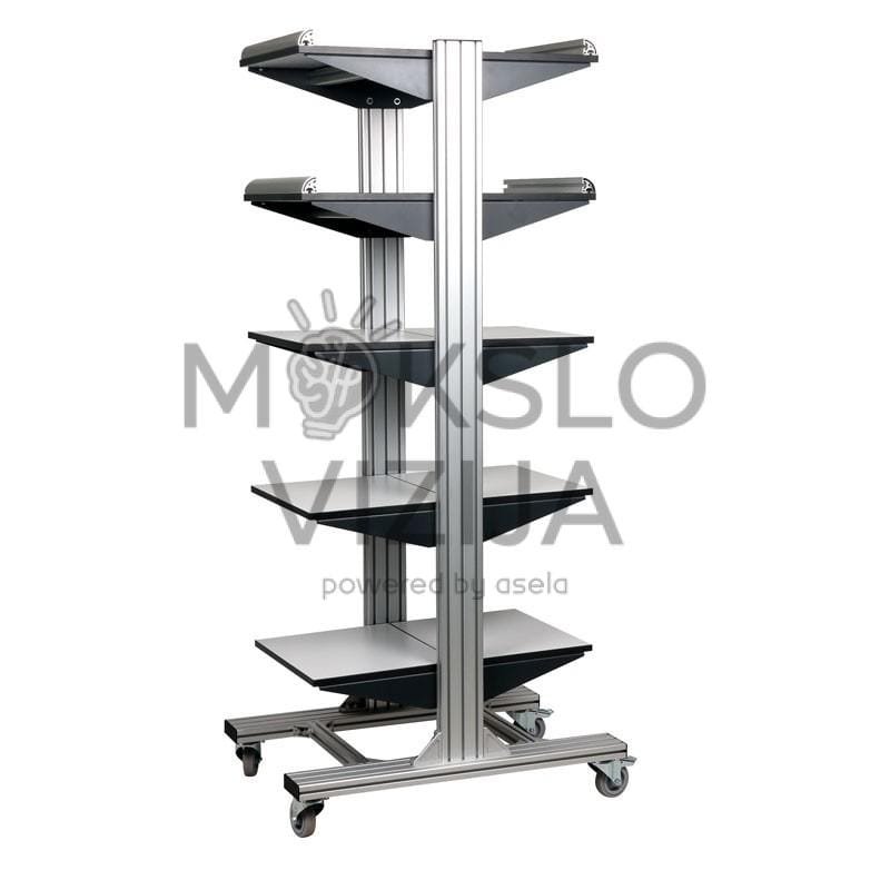 Dvipusis penkių lentynų mobilus stendas