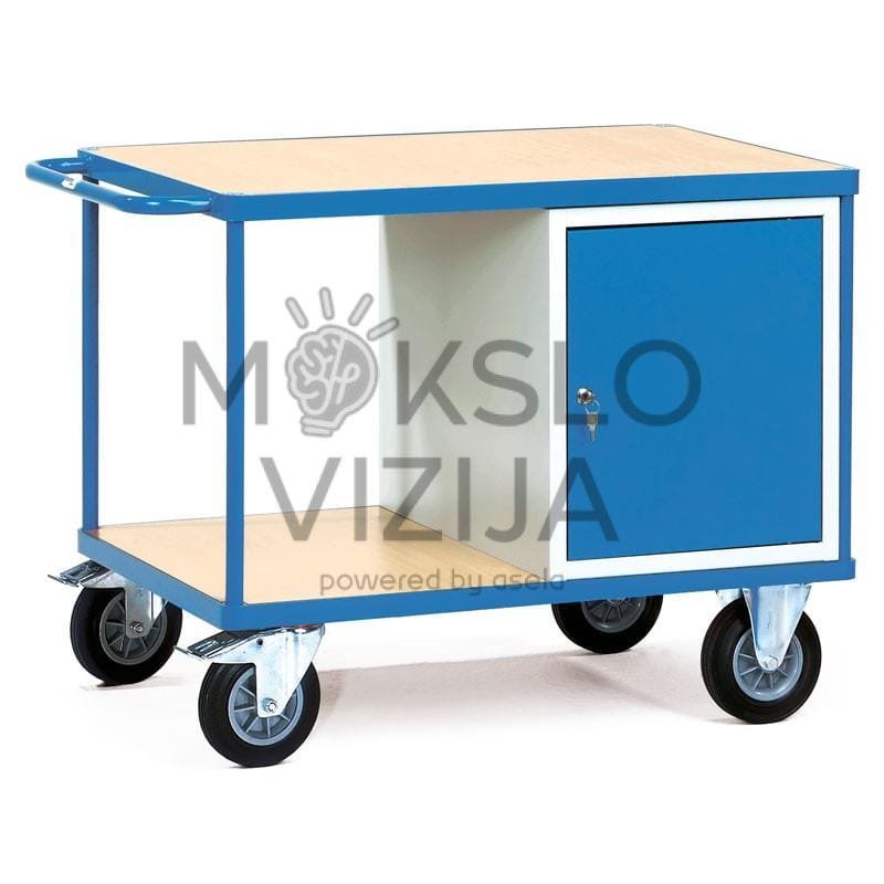 Dirbtuvių vežimėlis su metaliniu rėmu, spintele su durelėmis ir ratukais transportavimui
