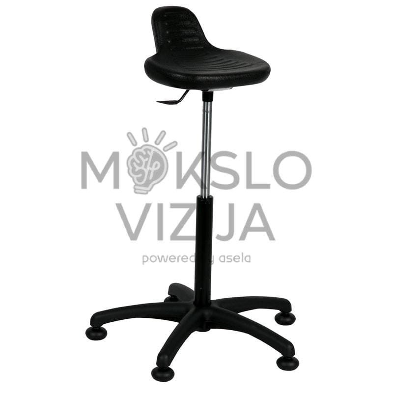 Ergonominė sit-stand kėdė su juoda sėdyne, reguliuojamo aukščio stovu ir stabilia baze