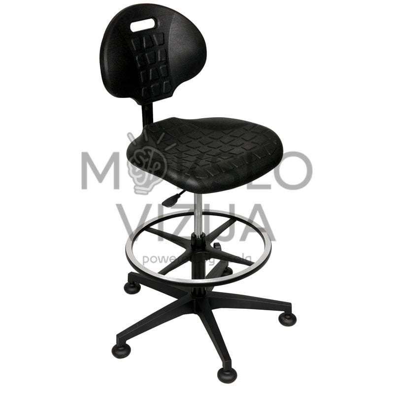Laboratorinė / dirbtuvių kėdė su reguliuojamu aukščiu, ergonomiška plastikine sėdyne, pakoju (žiedu) ir stabilia penkių kojų baze
