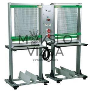 Laidų montavimo ir instaliacijos zona su nuolydžiu stalu ir daiktų laikymo skyriumi