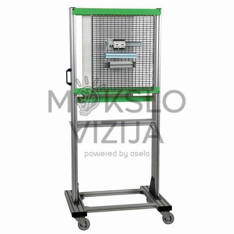 Mobilus instaliavimo stendas su tinklelio panelėmis ir metaliniu rėmu ant ratukų