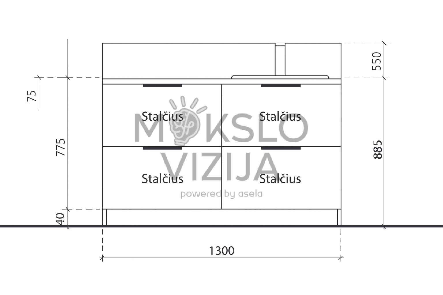 Laboratorinė spintelė su integruota kriaukle, fenoliniu stalviršiu ir elektros lizdais — funkcionali, patikima darbo vieta laboratorijai.
