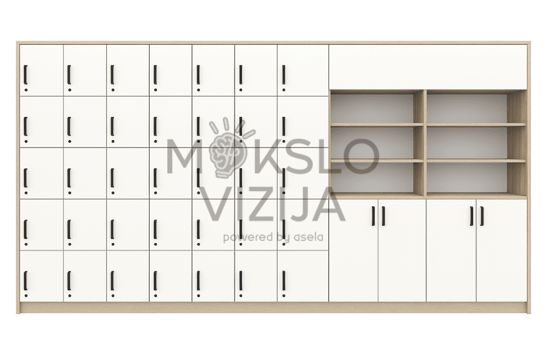 Spintelė kuprinėms su varstomomis durelėmis (23 vietos + nišinė lentyna)