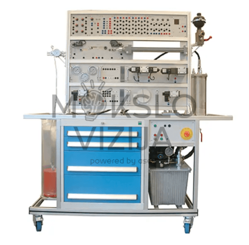 Pramoninio stiliaus mokomoji hidraulikos įranga – ant ratukų sumontuota darbo vieta su vamzdeliais, vožtuvais ir valdymo skydais.