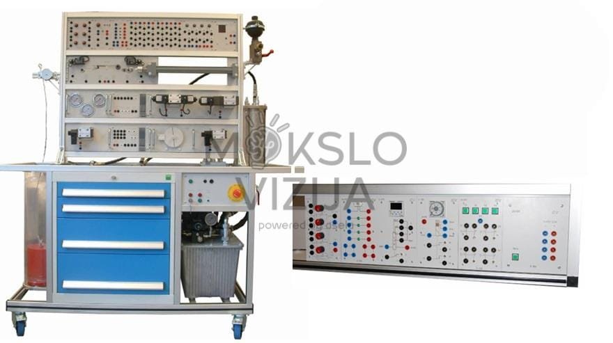 Edukacinė hidraulikos sistema – moduliniai komponentai, siurblys ir cilindrai, sujungti į mokomąją grandinę.