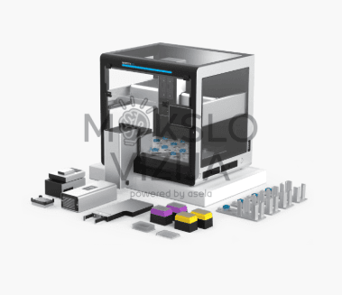 Robotizuota skysčių tvarkymo sistema – automatizacija leidžia kontroliuoti tirpiklių padavimą, maišymą ir temperatūrą chemijos mokymuisi.
