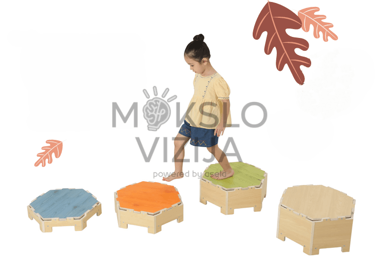 Keturių dalių prizminis balansavimo žaidimas darželiui – spalvotos geometriškos formos vaikams balansavimui ir judesių koordinacijos lavinimui.