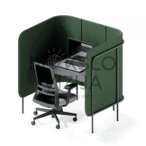 Akustinių panelių darbo stotelė su integruotu nedideliu staliuku – konstrukcija triukšmo slopinimui ir susikaupimui.