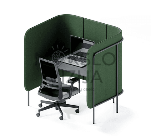 Akustinių panelių darbo stotelė su integruotu nedideliu staliuku – konstrukcija triukšmo slopinimui ir susikaupimui.