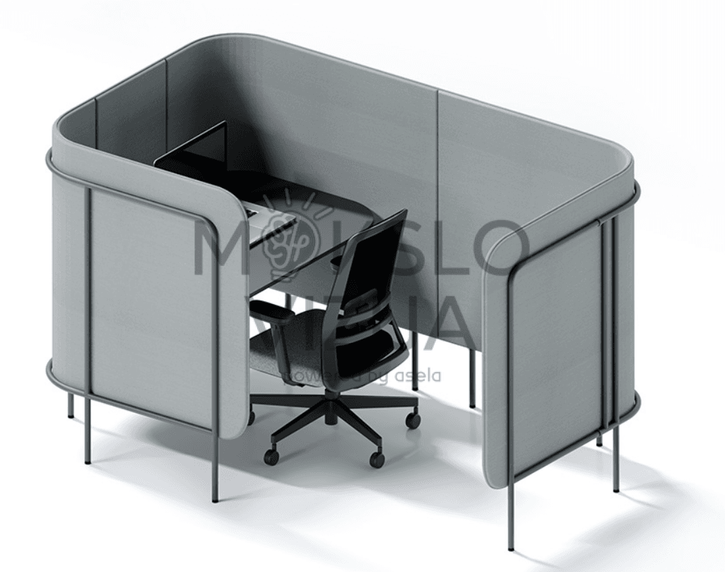 Moderni darbo zona su akustinėmis pertvaromis, viduriniuoju stalą ir išskirtine modulio funkcija ramybei.