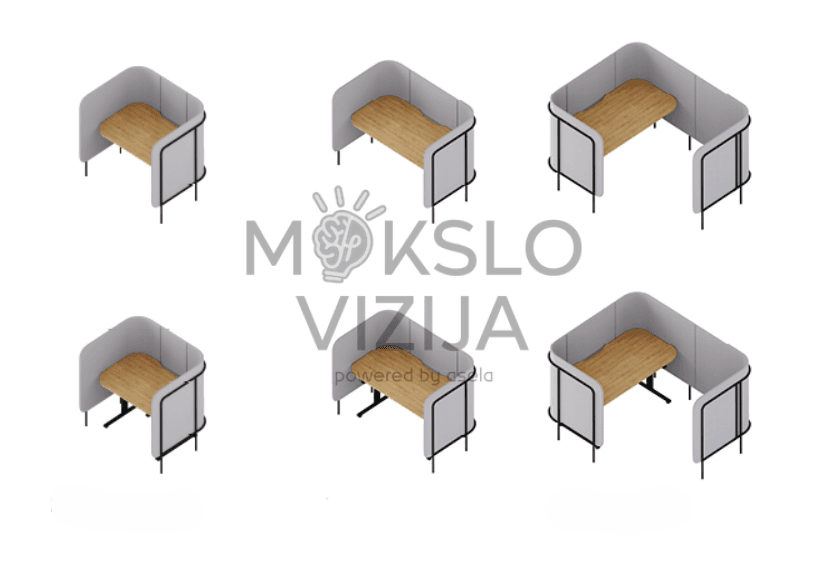 Darbo stotelė su staliuku – akustinė izoliacija ir modulinis sprendimas koncentracijai atvirojo tipo biure.